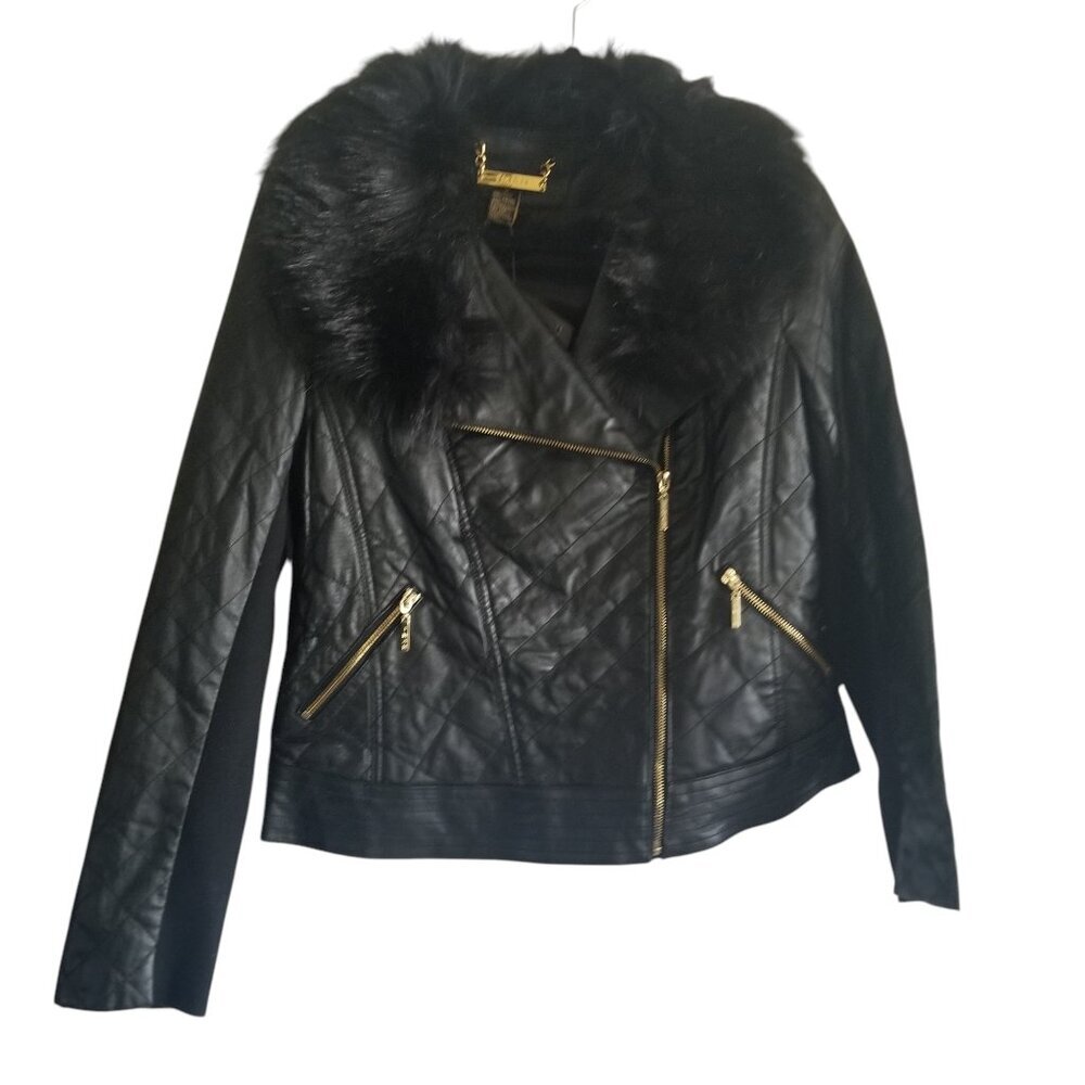 NWT Women's Leather Faux Fur Collar Black Biker Mobwife Moto Jacket Sz M